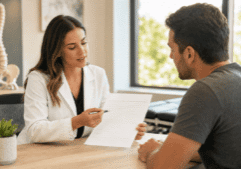 What happens at your first chiropractic appointment? Chiropractor reviewing a new patient's health history during an initial consultation
